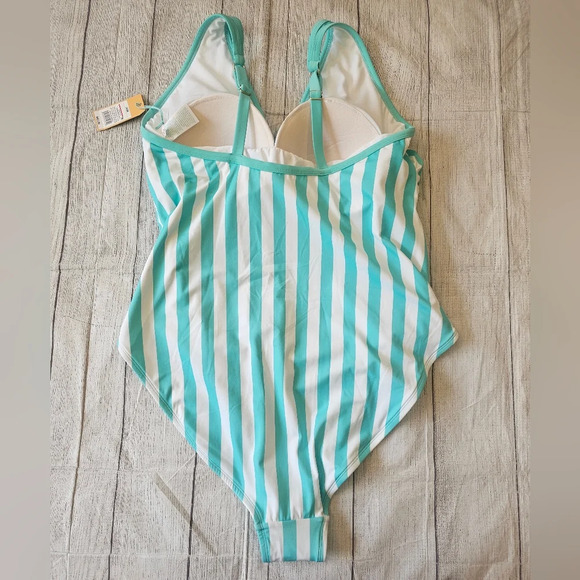 Kona Sol •Plus Size 24• V-neck Striped Turquoise White One Piece Swimsuit NWT - Picture 8 of 10